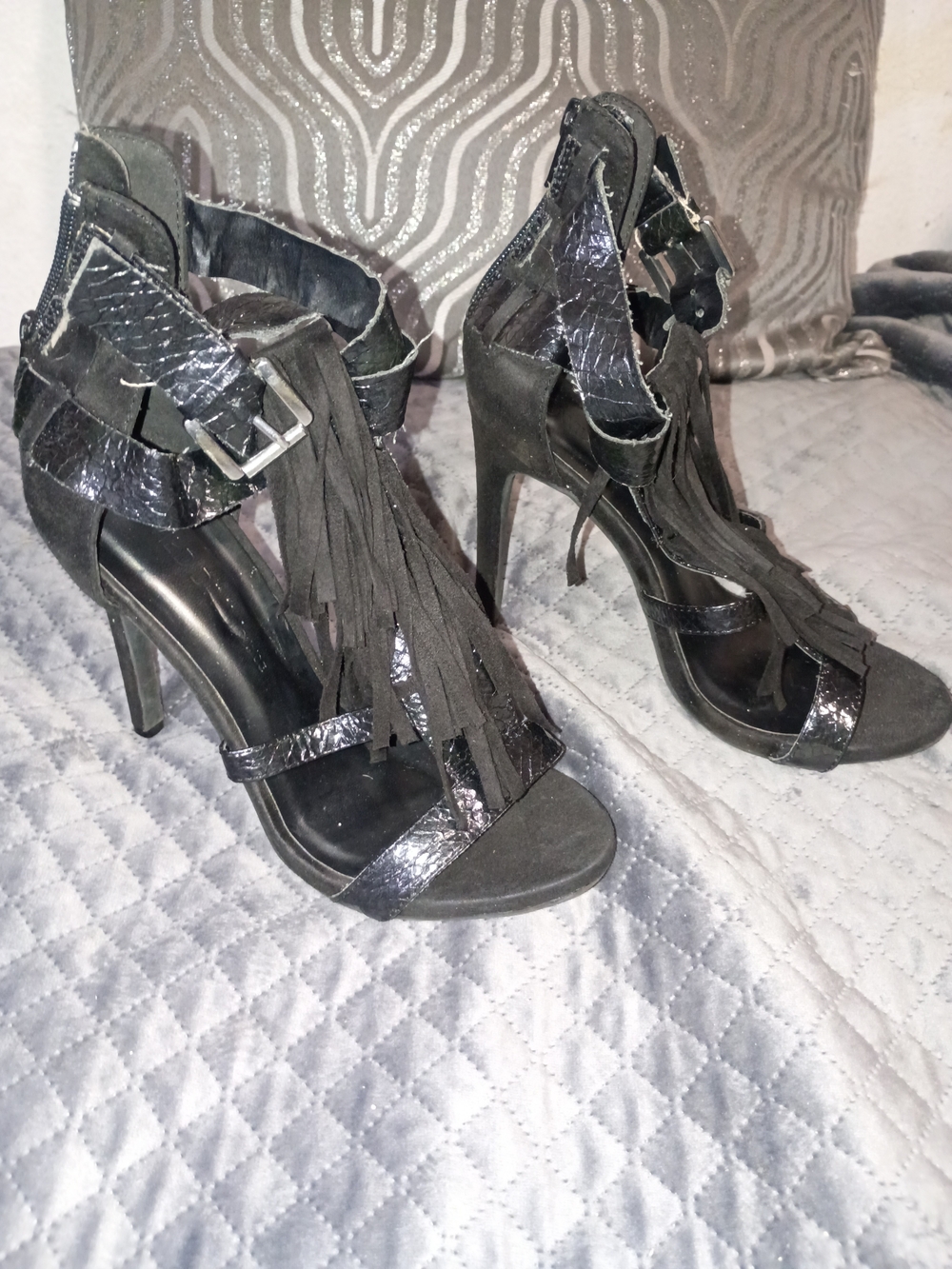 Wild Diva Black Fringe Strappy High Heel Sandals